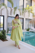 Premium Mal Chanderi Gown With Pant & Dupatta Set