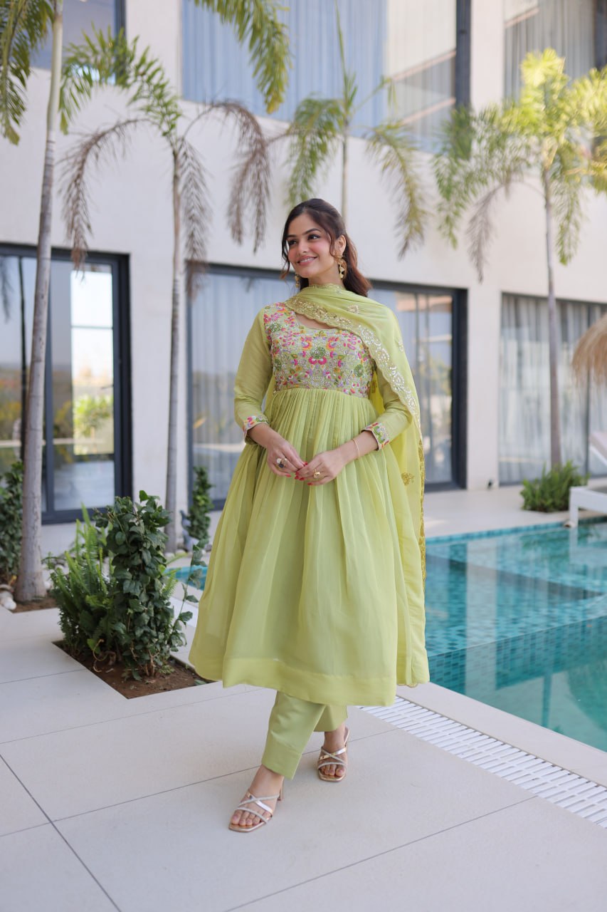 Premium Mal Chanderi Gown With Pant & Dupatta Set
