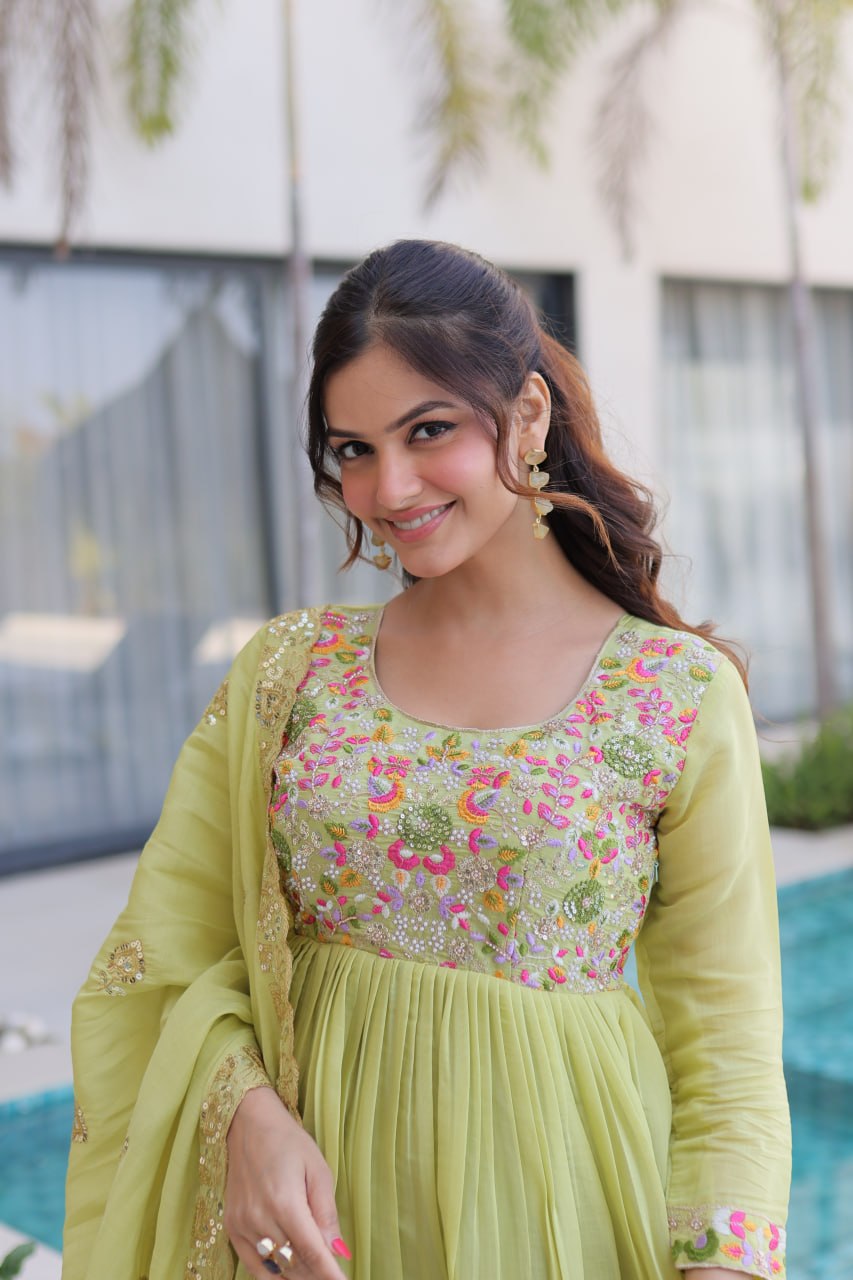 Premium Mal Chanderi Gown With Pant & Dupatta Set