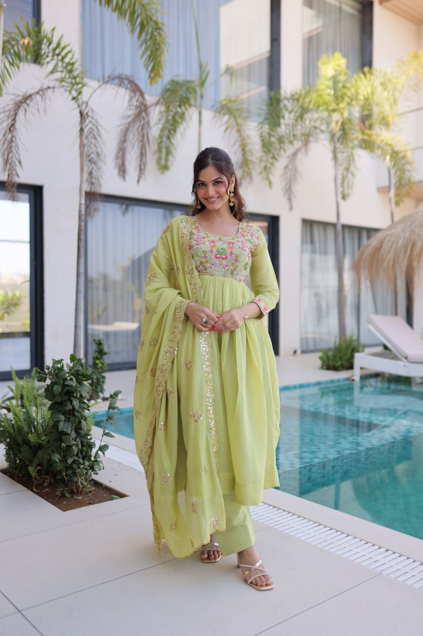 Premium Mal Chanderi Gown With Pant & Dupatta Set
