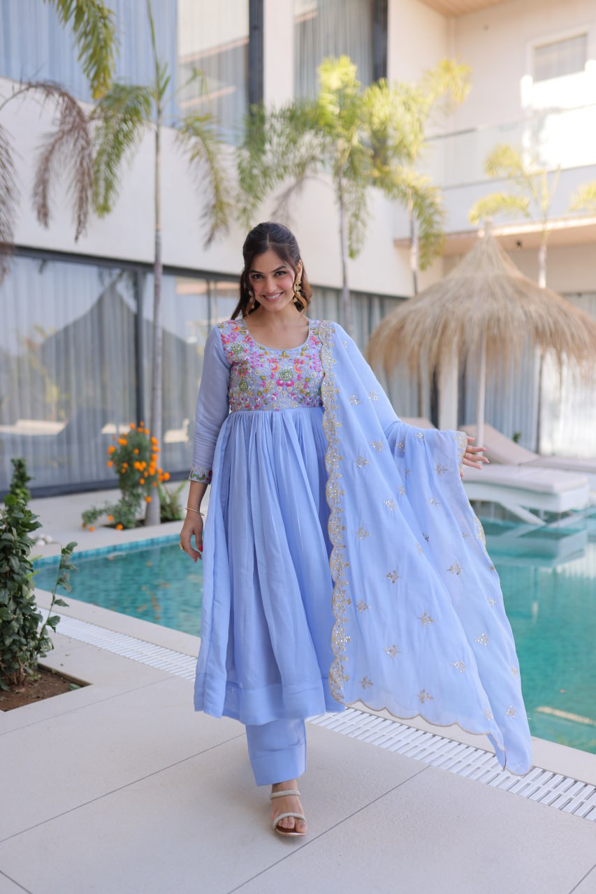 Premium Mal Chanderi Gown With Pant & Dupatta Set