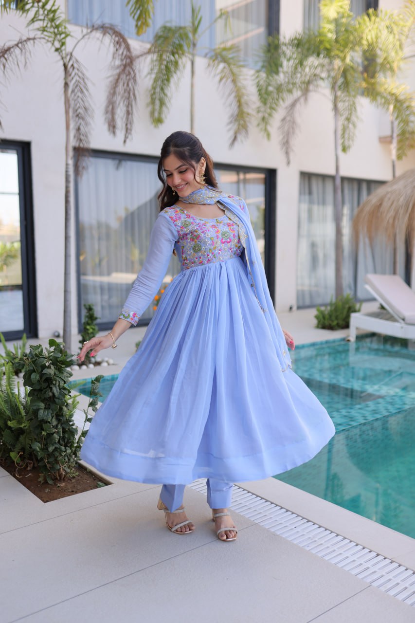 Premium Mal Chanderi Gown With Pant & Dupatta Set