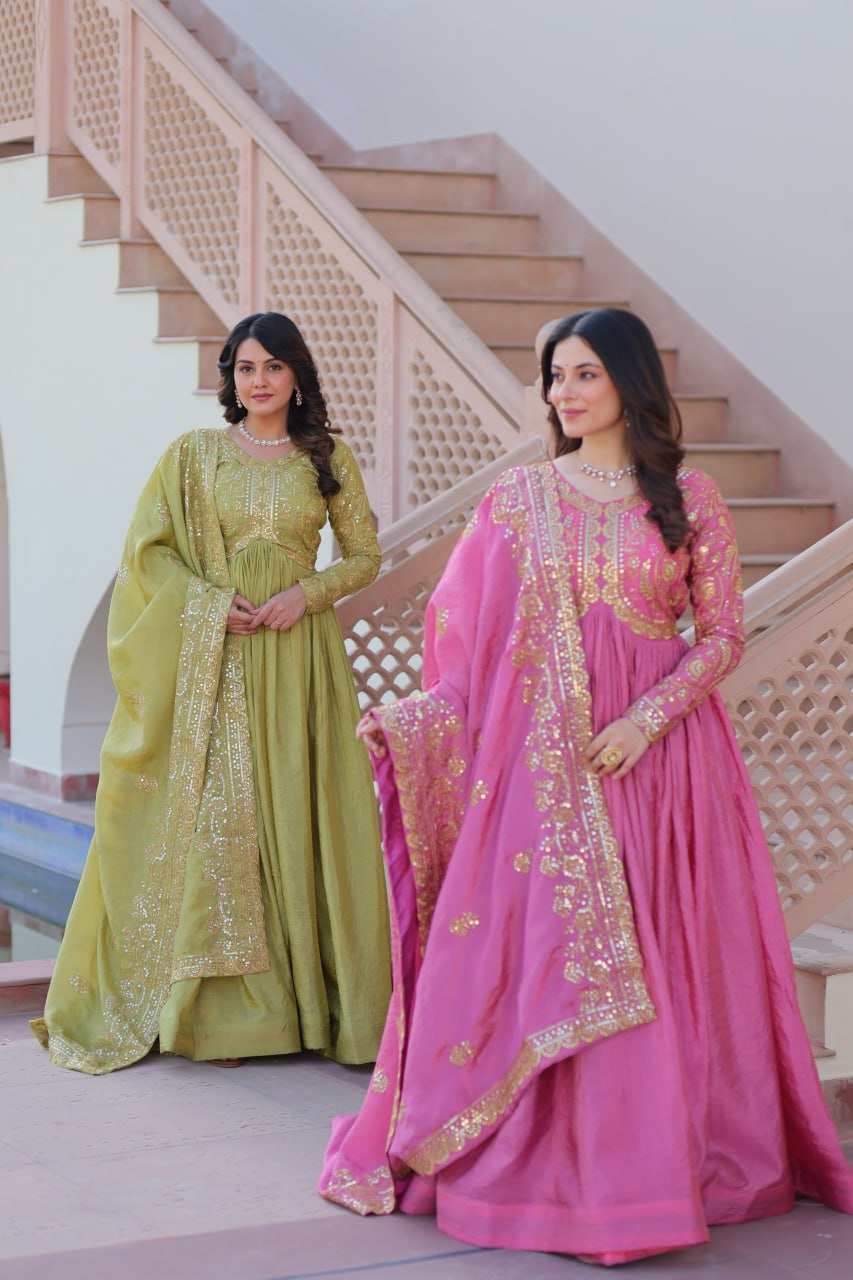Premium Gold Crush Gown with Embroidered Dupatta
