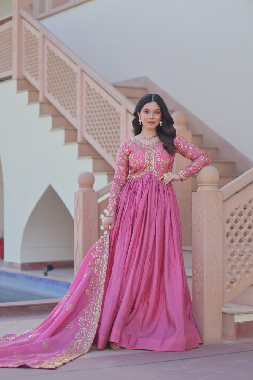 Premium Gold Crush Gown with Embroidered Dupatta