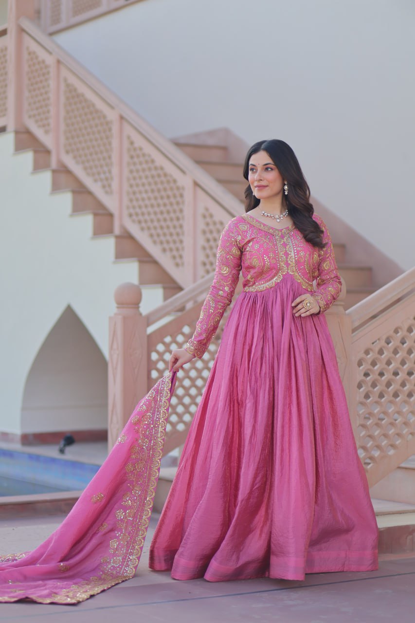 Premium Gold Crush Gown with Embroidered Dupatta