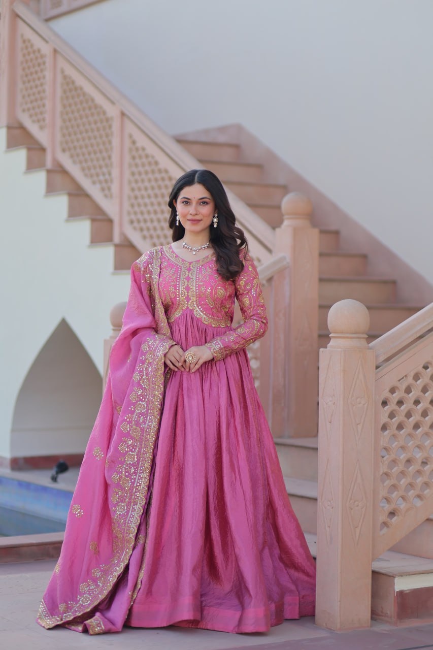 Premium Gold Crush Gown with Embroidered Dupatta