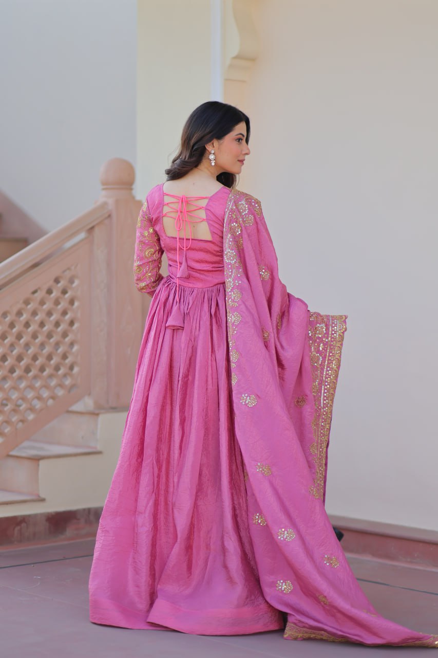 Premium Gold Crush Gown with Embroidered Dupatta