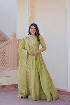 Premium Gold Crush Gown with Embroidered Dupatta