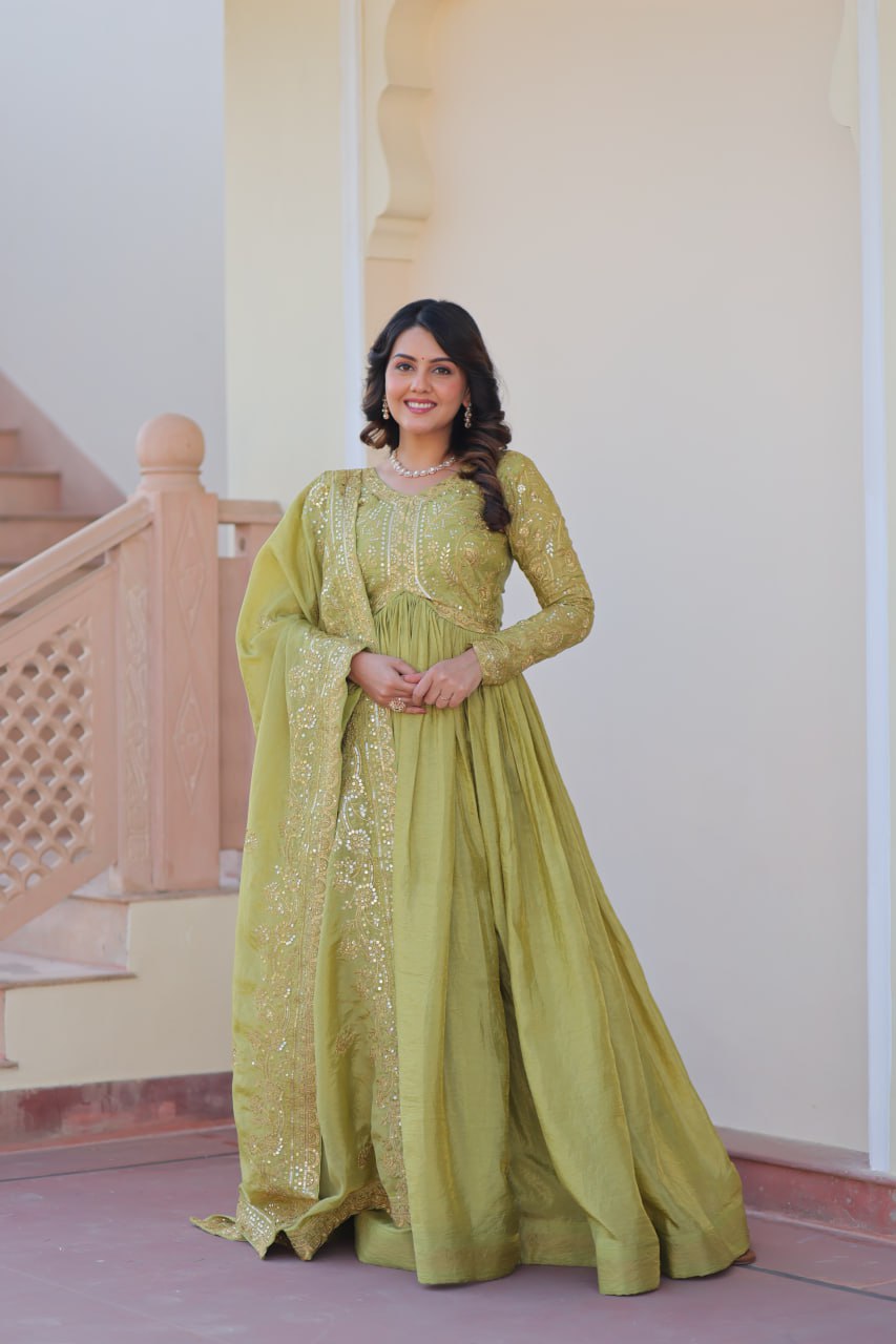 Premium Gold Crush Gown with Embroidered Dupatta