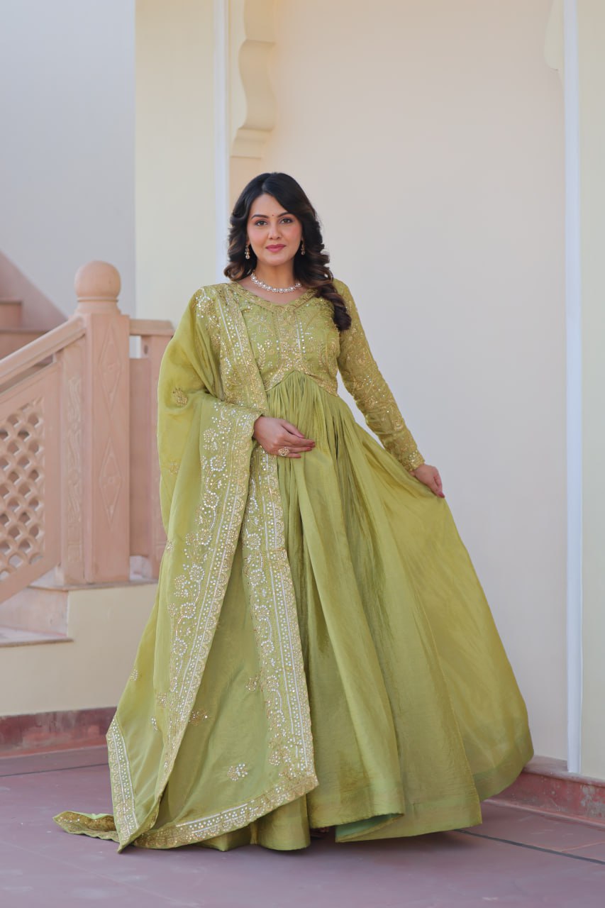 Premium Gold Crush Gown with Embroidered Dupatta