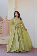 Premium Gold Crush Gown with Embroidered Dupatta
