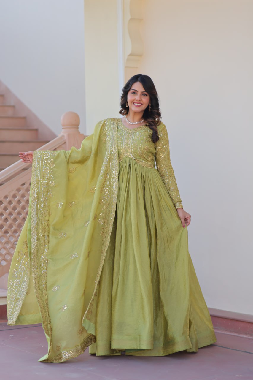 Premium Gold Crush Gown with Embroidered Dupatta