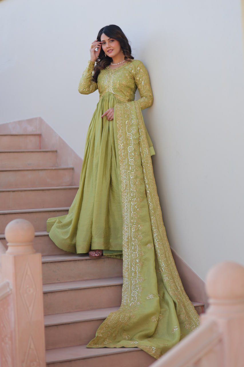 Premium Gold Crush Gown with Embroidered Dupatta