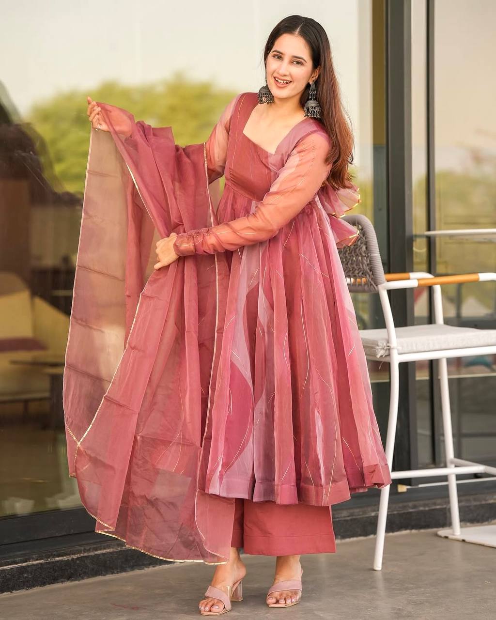 Pink Organza Foil Work Anarkali Gown Set with Dupatta & Plazo
