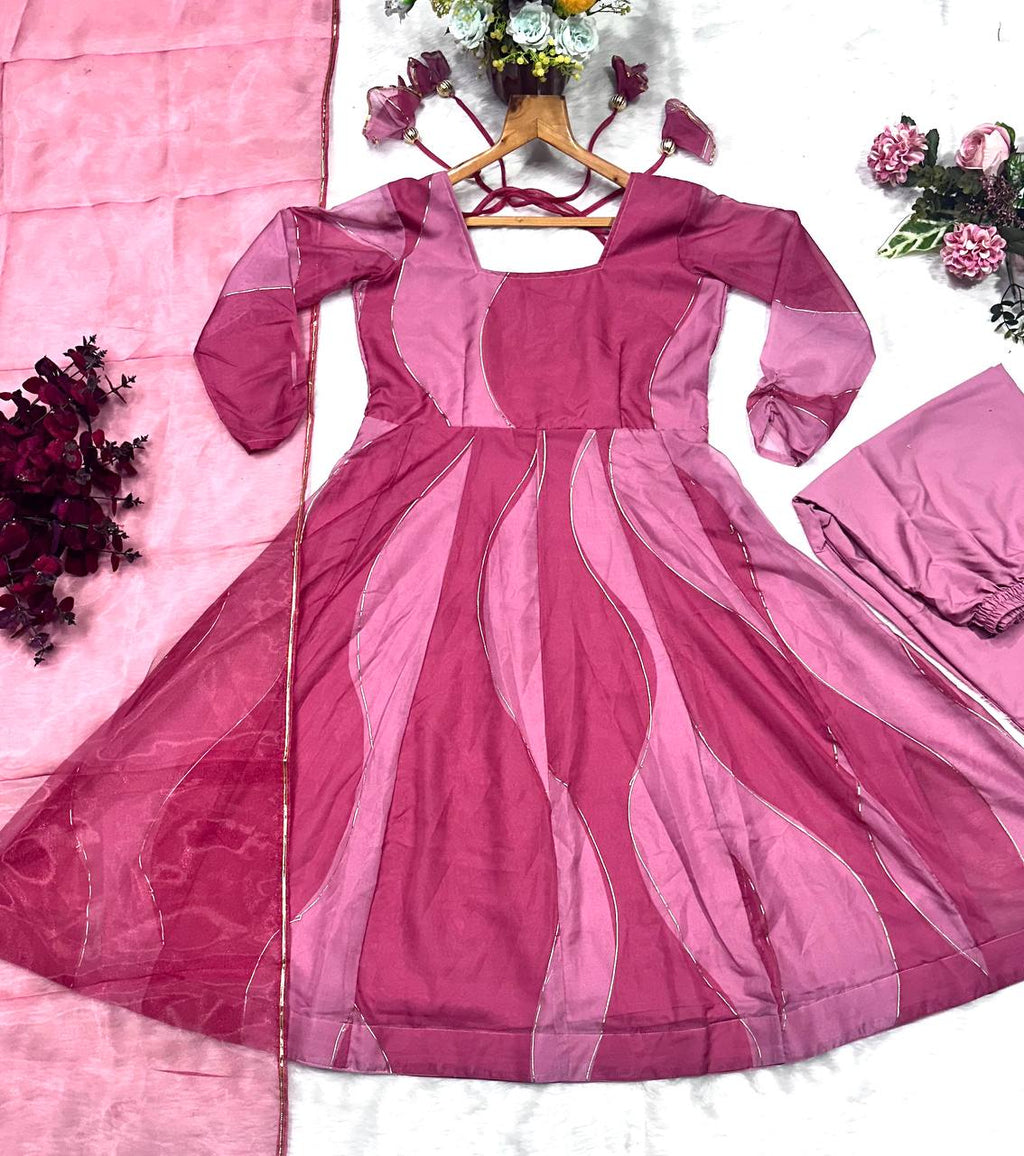 Pink Organza Foil Work Anarkali Gown Set with Dupatta & Plazo
