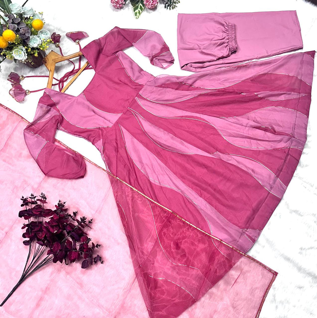 Pink Organza Foil Work Anarkali Gown Set with Dupatta & Plazo