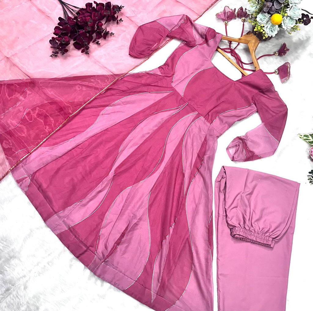 Pink Organza Foil Work Anarkali Gown Set with Dupatta & Plazo