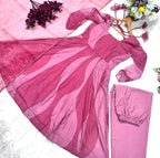 Pink Organza Foil Work Anarkali Gown Set with Dupatta & Plazo