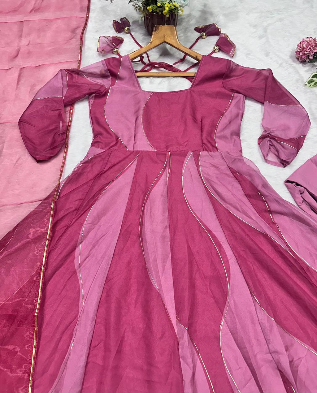 Pink Organza Foil Work Anarkali Gown Set with Dupatta & Plazo