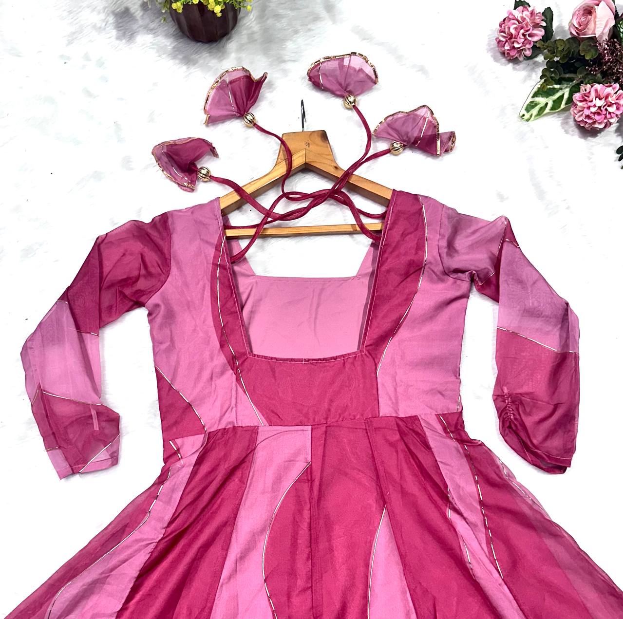 Pink Organza Foil Work Anarkali Gown Set with Dupatta & Plazo