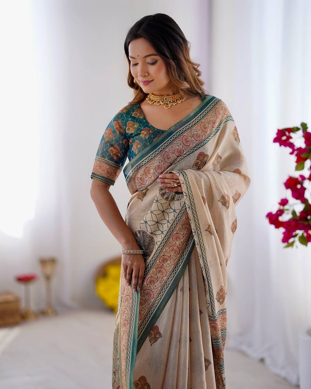 Cream Linen Cotton Digital Print Saree with Designer Border & Matching Blouse