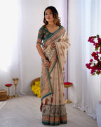 Cream Linen Cotton Digital Print Saree with Designer Border & Matching Blouse