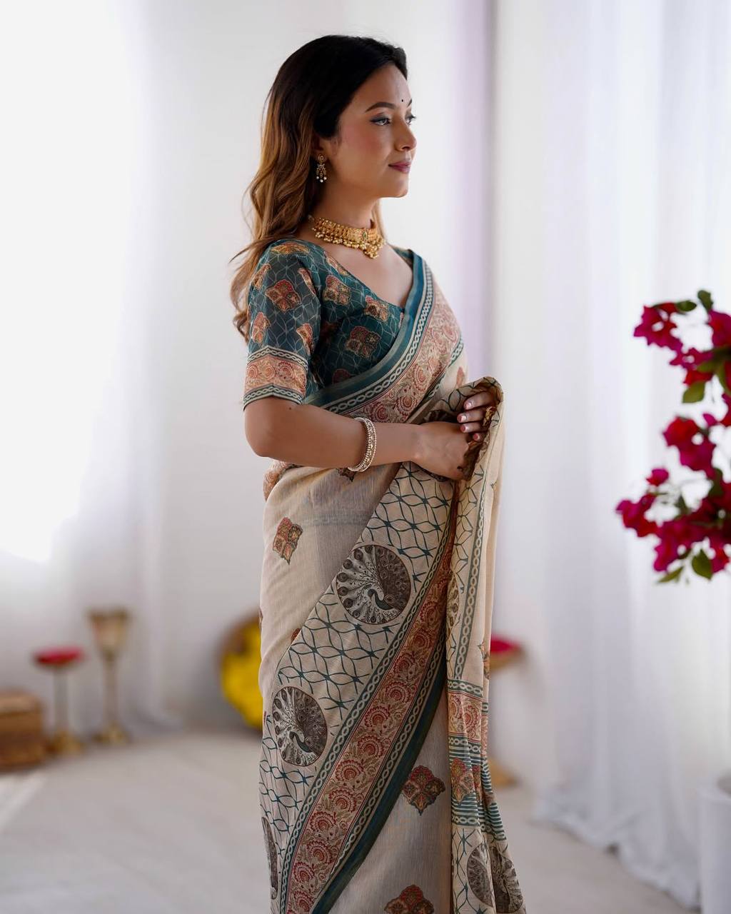 Cream Linen Cotton Digital Print Saree with Designer Border & Matching Blouse