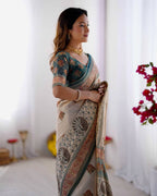 Cream Linen Cotton Digital Print Saree with Designer Border & Matching Blouse