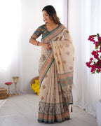 Cream Linen Cotton Digital Print Saree with Designer Border & Matching Blouse