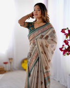 Cream Linen Cotton Digital Print Saree with Designer Border & Matching Blouse