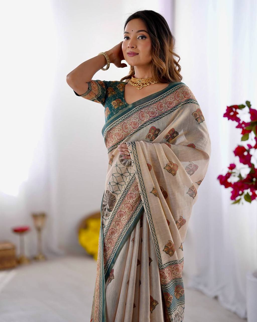 Cream Linen Cotton Digital Print Saree with Designer Border & Matching Blouse