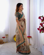 Cream Linen Cotton Digital Print Saree with Designer Border & Matching Blouse