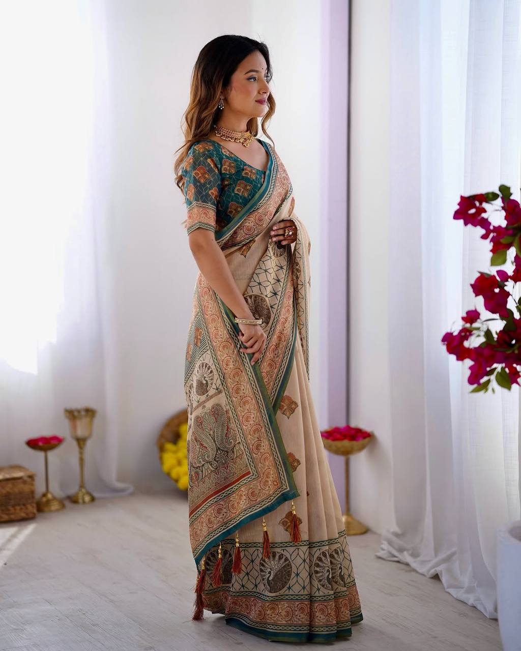 Cream Linen Cotton Digital Print Saree with Designer Border & Matching Blouse