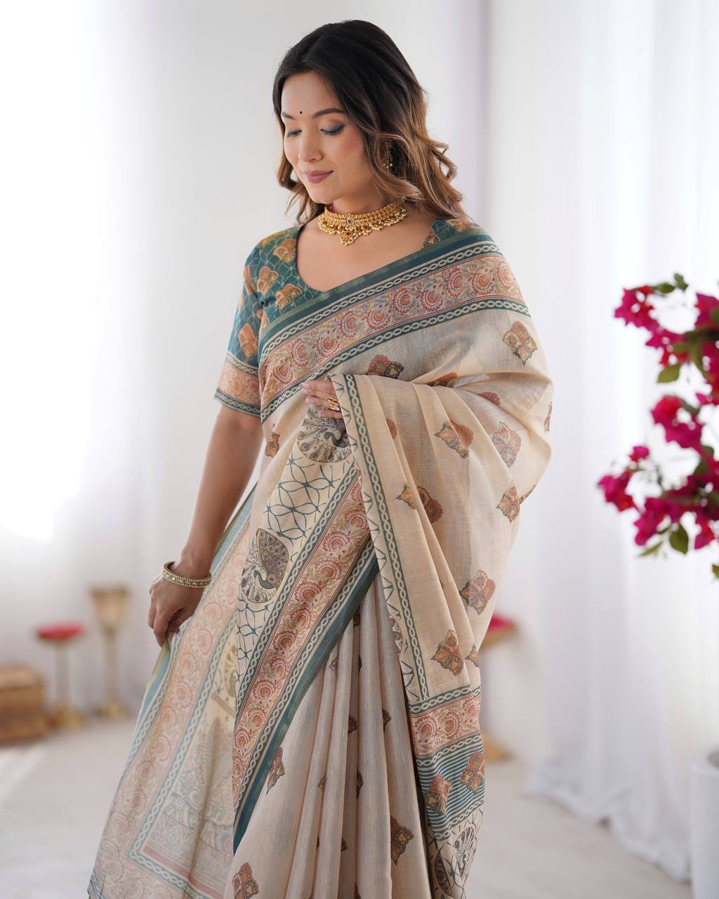 Cream Linen Cotton Digital Print Saree with Designer Border & Matching Blouse