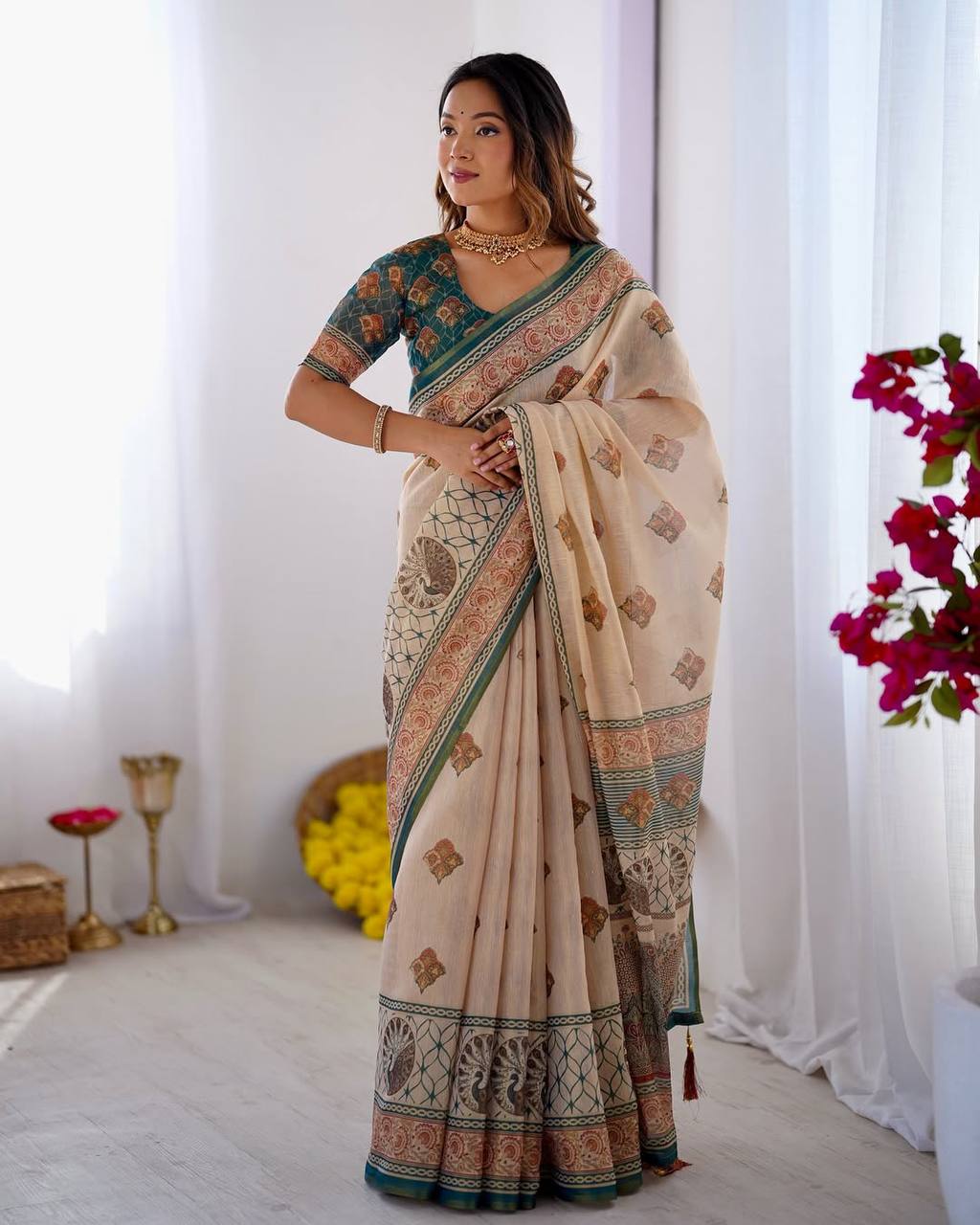 Cream Linen Cotton Digital Print Saree with Designer Border & Matching Blouse