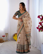 Cream Linen Cotton Digital Print Saree with Designer Border & Matching Blouse