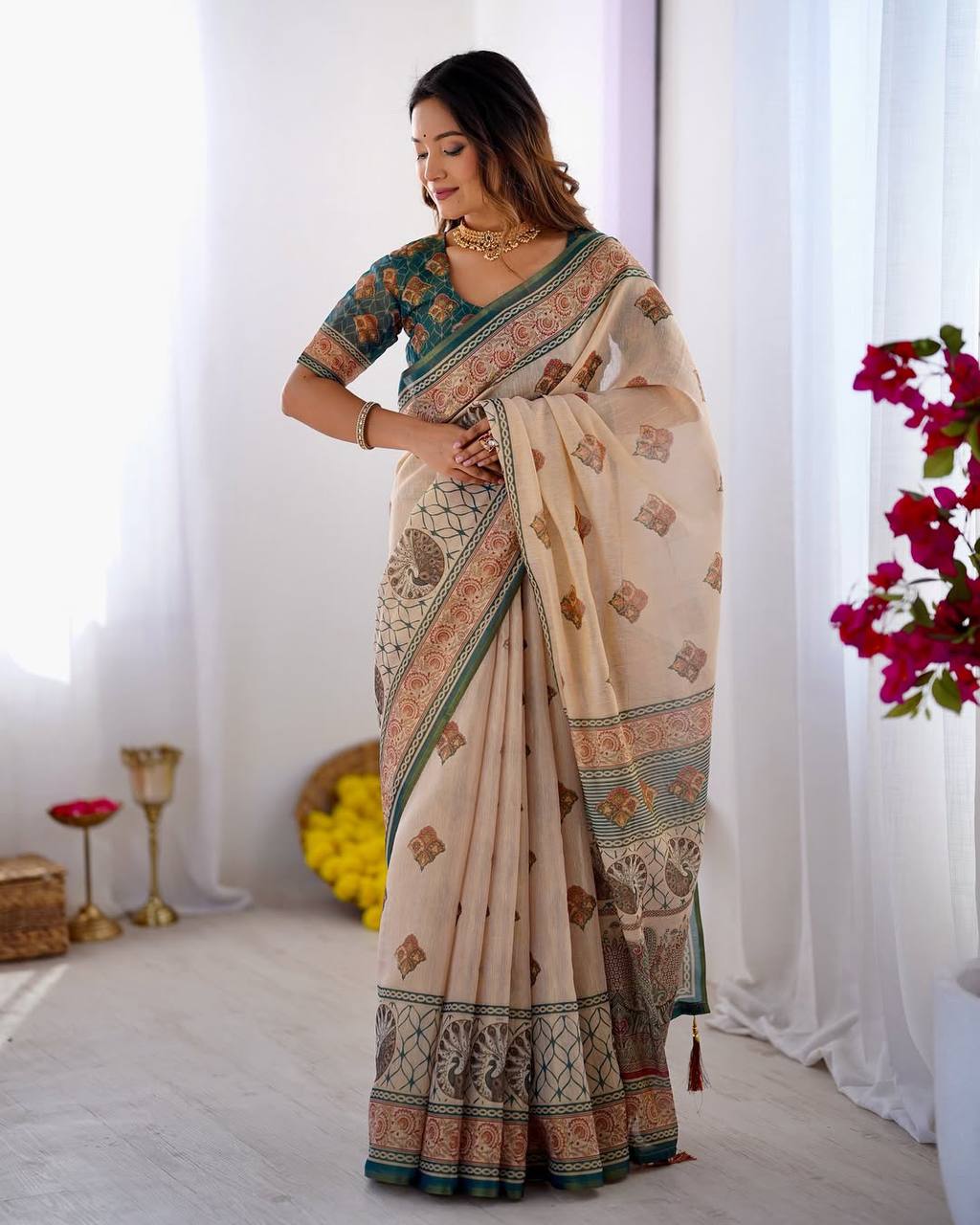 Cream Linen Cotton Digital Print Saree with Designer Border & Matching Blouse