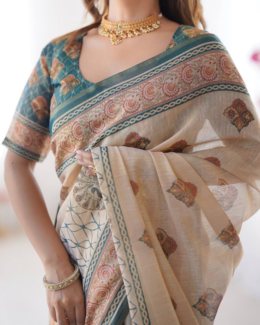 Cream Linen Cotton Digital Print Saree with Designer Border & Matching Blouse