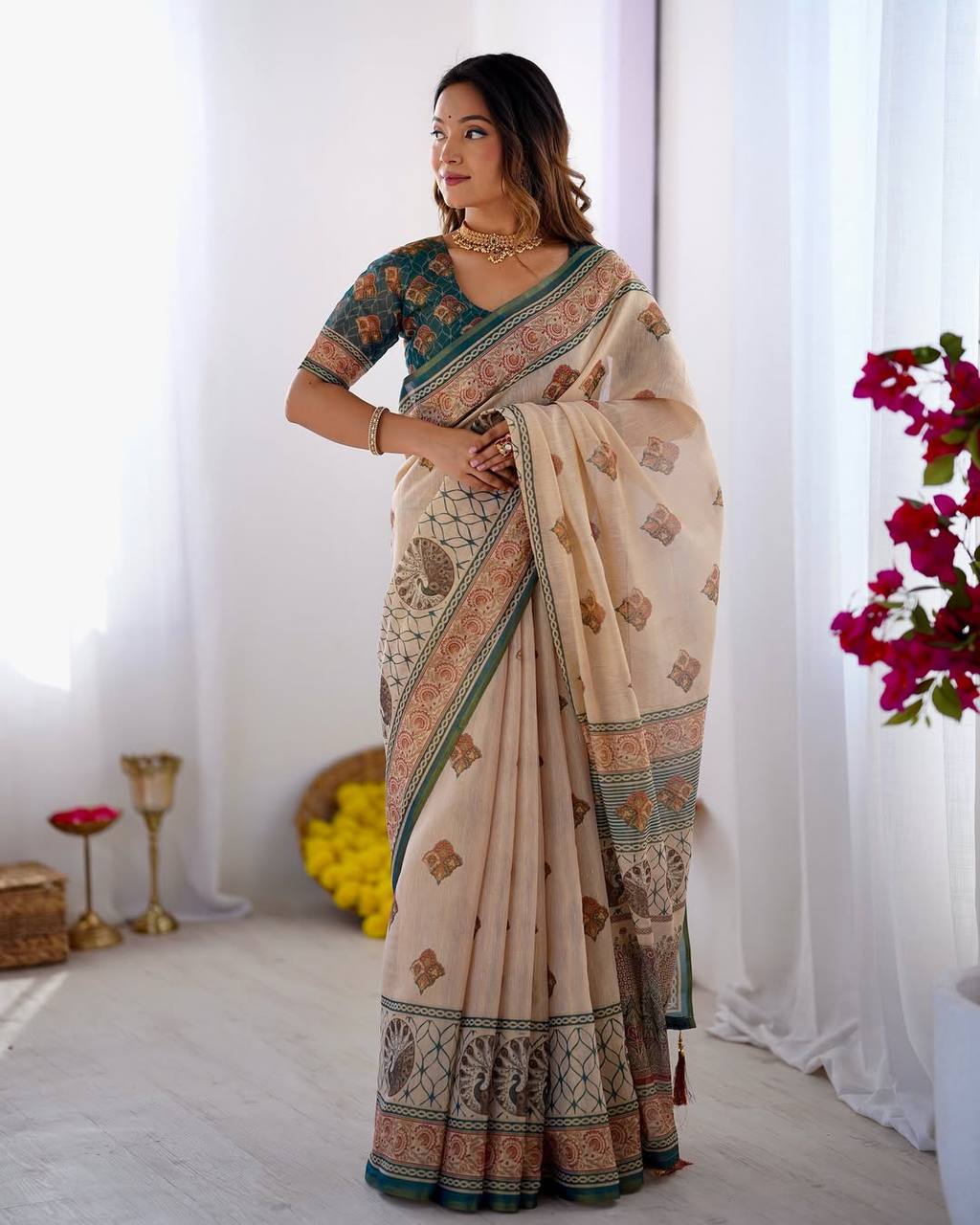 Cream Linen Cotton Digital Print Saree with Designer Border & Matching Blouse