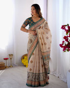 Cream Linen Cotton Digital Print Saree with Designer Border & Matching Blouse