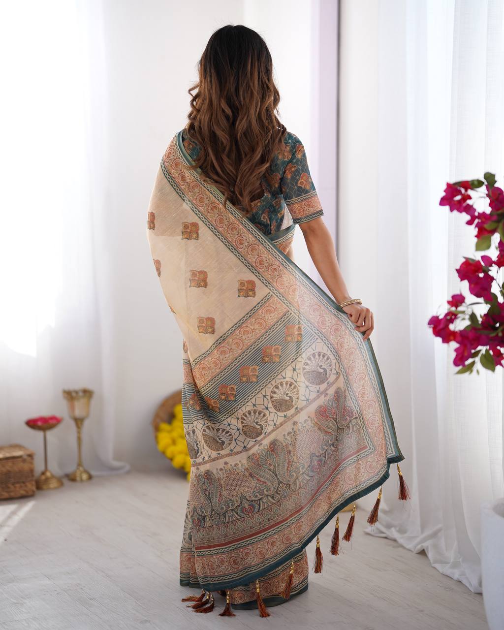 Cream Linen Cotton Digital Print Saree with Designer Border & Matching Blouse