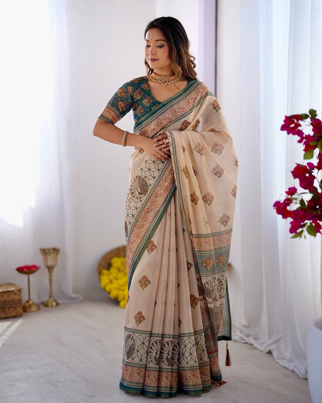 Cream Linen Cotton Digital Print Saree with Designer Border & Matching Blouse