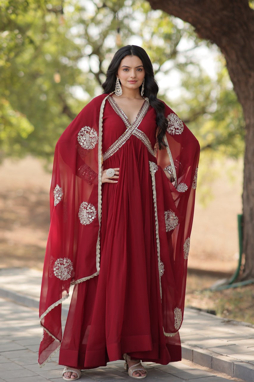 Premium Alia Cut Gown with Embroidered Dupatta Set