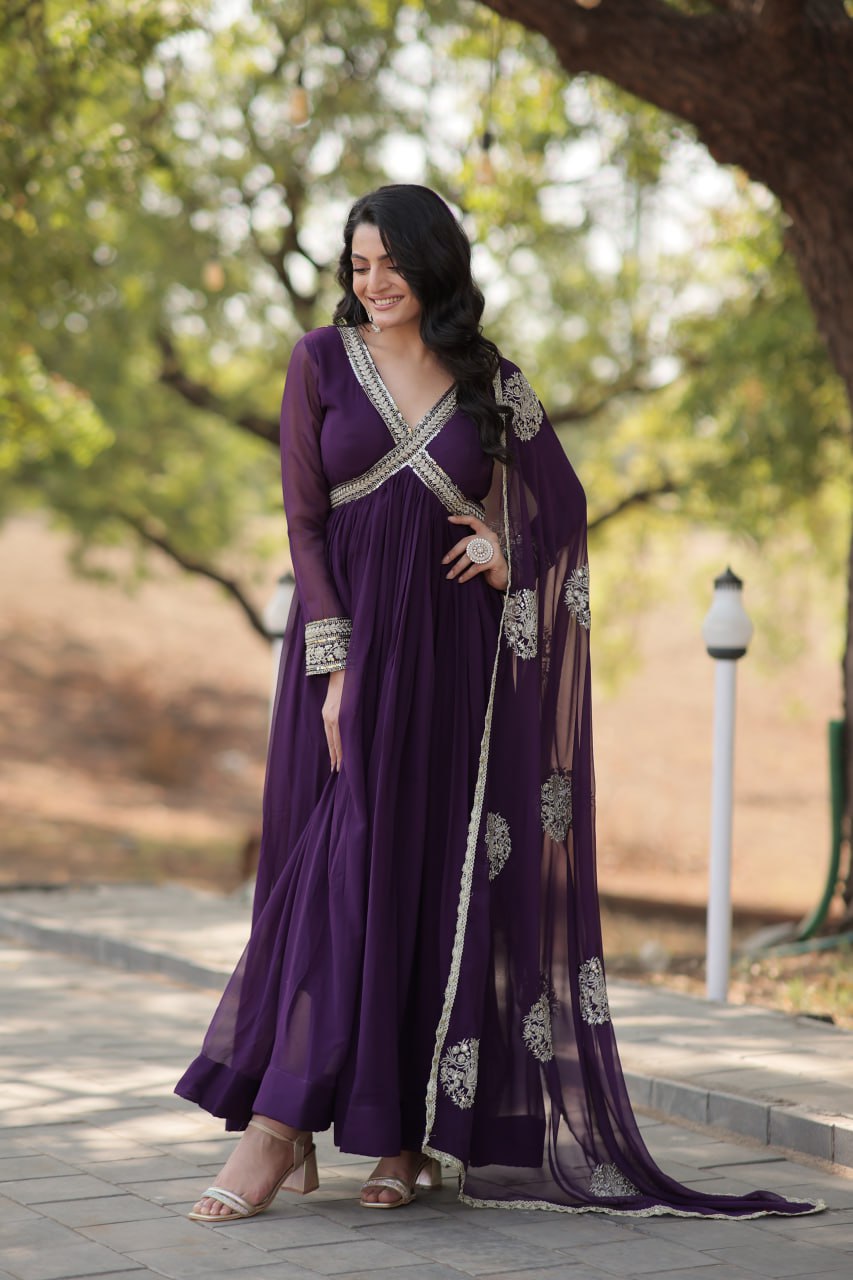 Premium Alia Cut Gown with Embroidered Dupatta Set