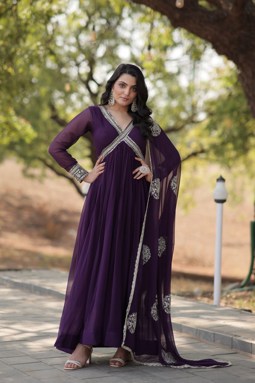 Premium Alia Cut Gown with Embroidered Dupatta Set