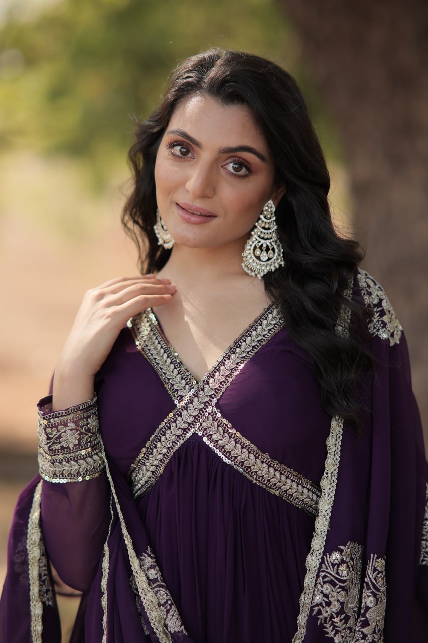 Premium Alia Cut Gown with Embroidered Dupatta Set