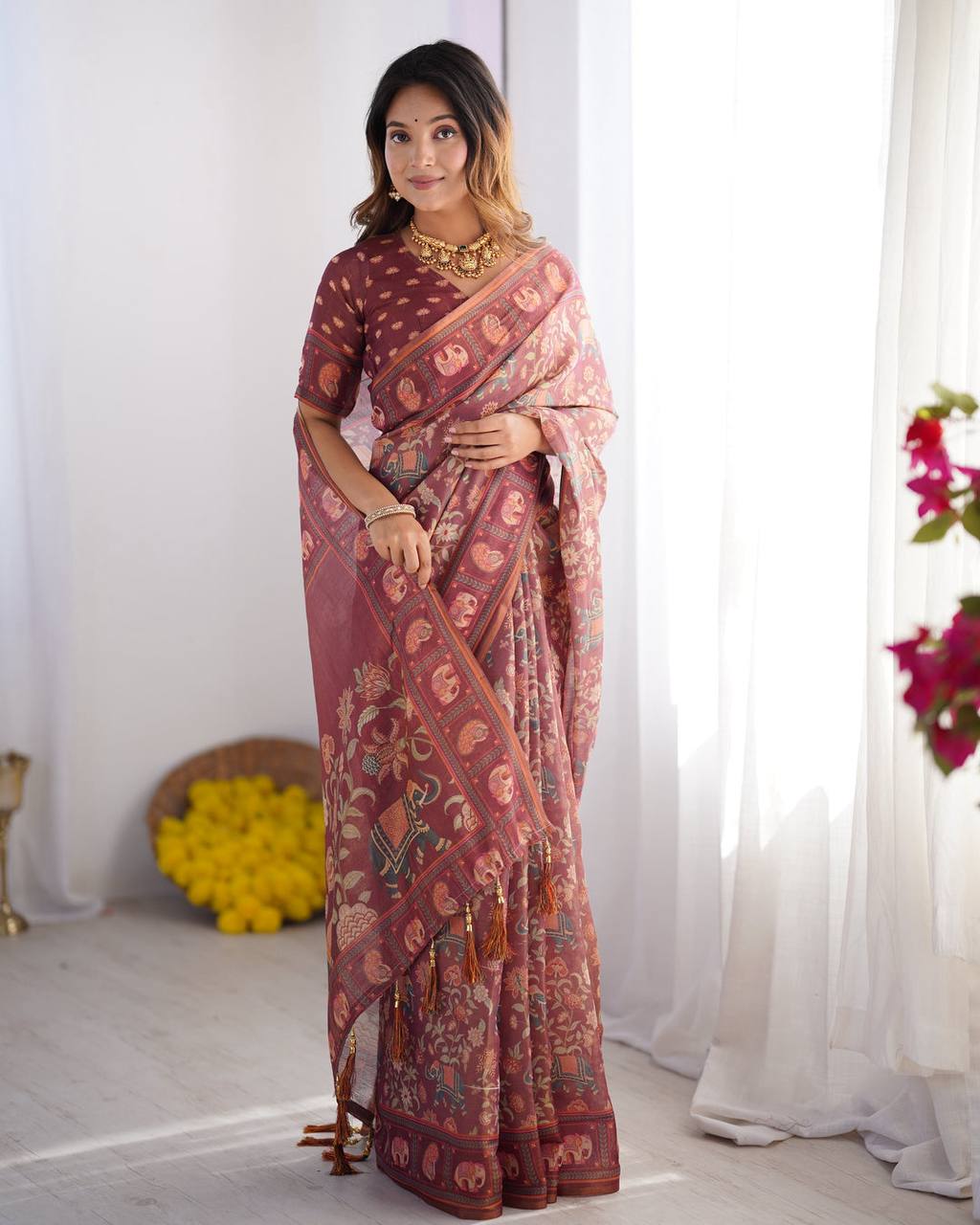 Mauve Linen Cotton Elephant & Floral Digital Print Saree with Matching Blouse