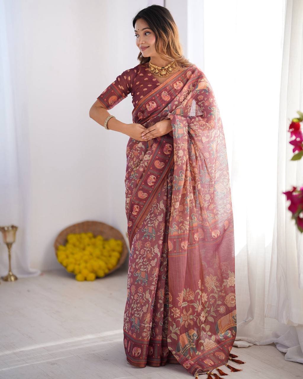 Mauve Linen Cotton Elephant & Floral Digital Print Saree with Matching Blouse