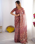 Mauve Linen Cotton Elephant & Floral Digital Print Saree with Matching Blouse