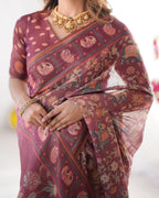 Mauve Linen Cotton Elephant & Floral Digital Print Saree with Matching Blouse